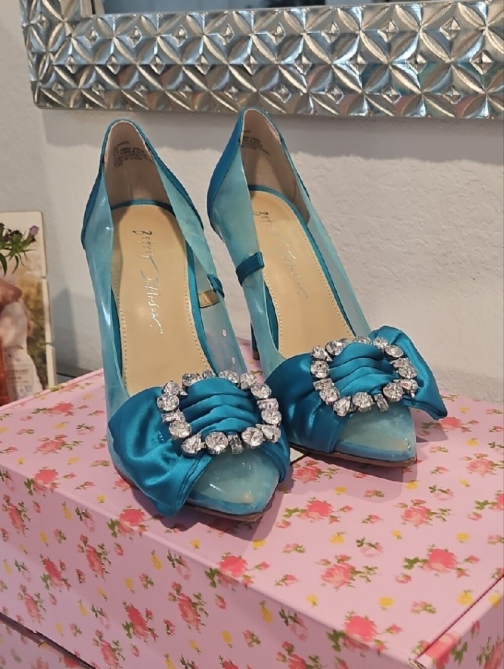 Betsey Johnson Teal Satin Pointed Heels with Crystal Buckle